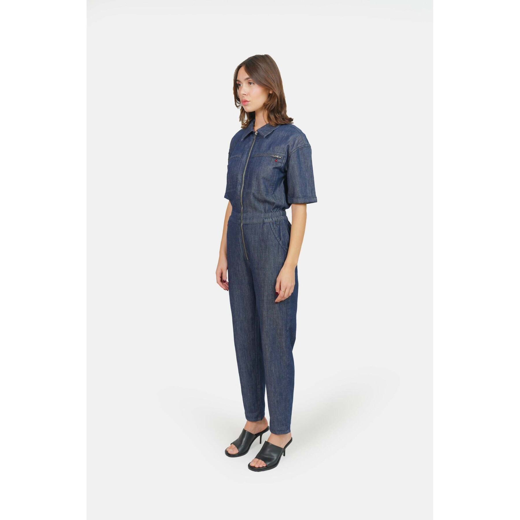 Women's indigo cotton short-sleeved jumpsuit F.A.M. Paris Dauphine