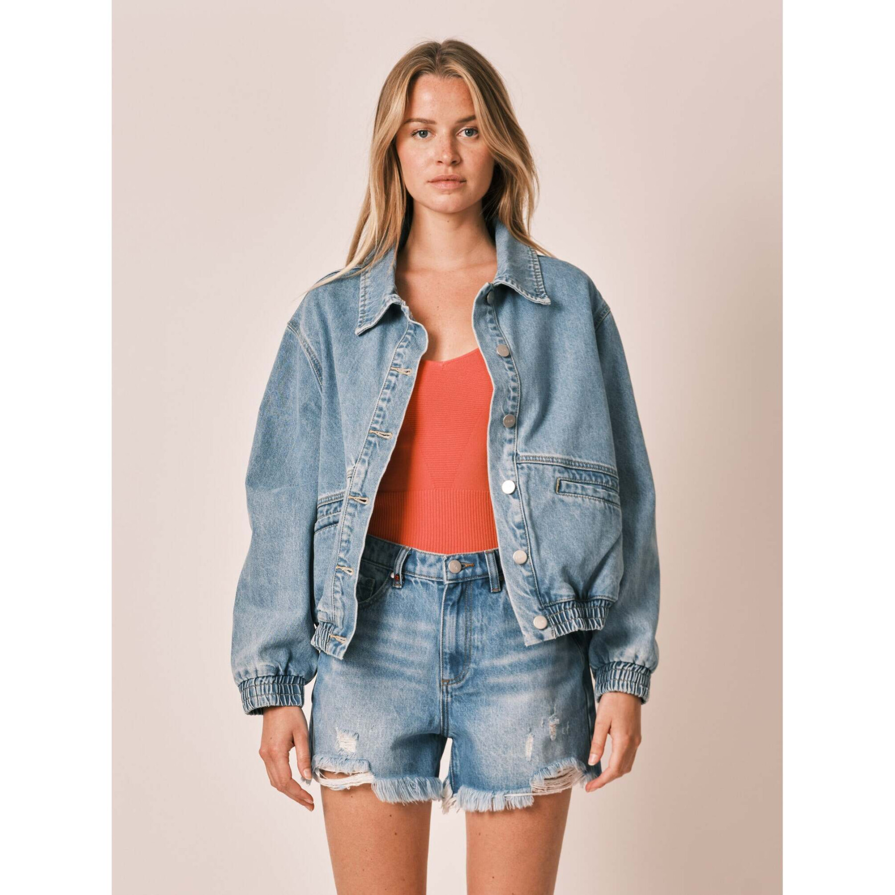 Women's oversized blue denim jacket with cotton balloon sleeves F.A.M. Paris Vicky